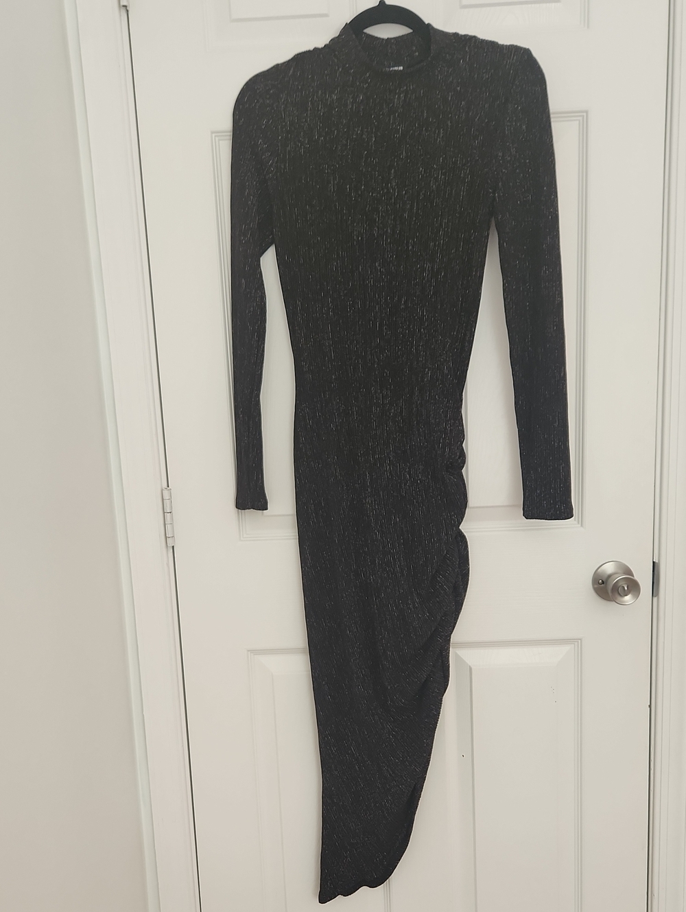 NWT Fashion Nova Black Metallic Long Sleeve Stretch High-Neck Bodycon Midi Dress